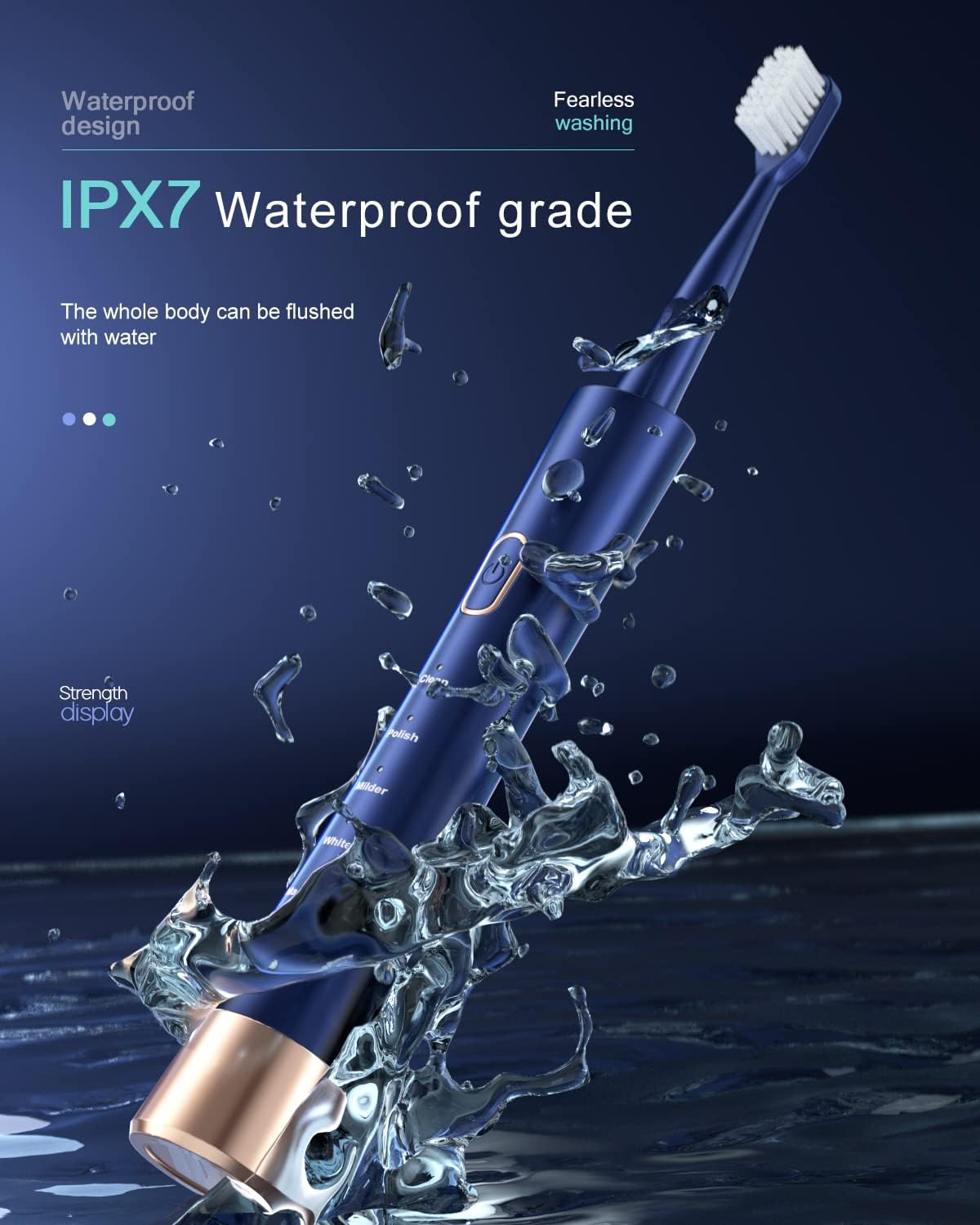Furçë Elektrike Sonic për Dhëmbë IPX7 Waterproof me 5 Modalitete, Karikim të Shpejtë 2 Orë, 3 Koka Furçe dhe Kujtues Inteligjent Kohe, Blu