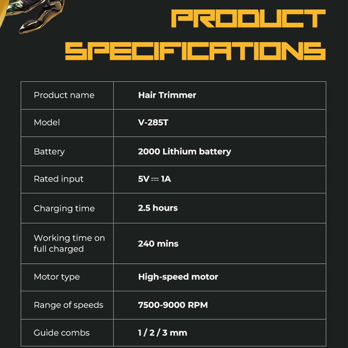 VGR V-285T Professional Makine e Vogel me Teh T, 9000 RPM, Bateri 2000mAh dhe 3 Krehëra Udhëzues – Makinë Qethjeje, pamja 7