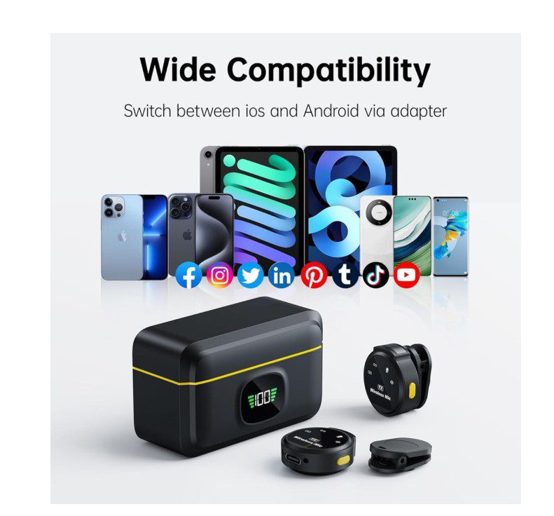 Treqa MIC-3 Wireless Mini Microphone me Noise Cancellation, Set me 2 Mikrofona Lavalier pa Tela për Type-C dhe Lightning