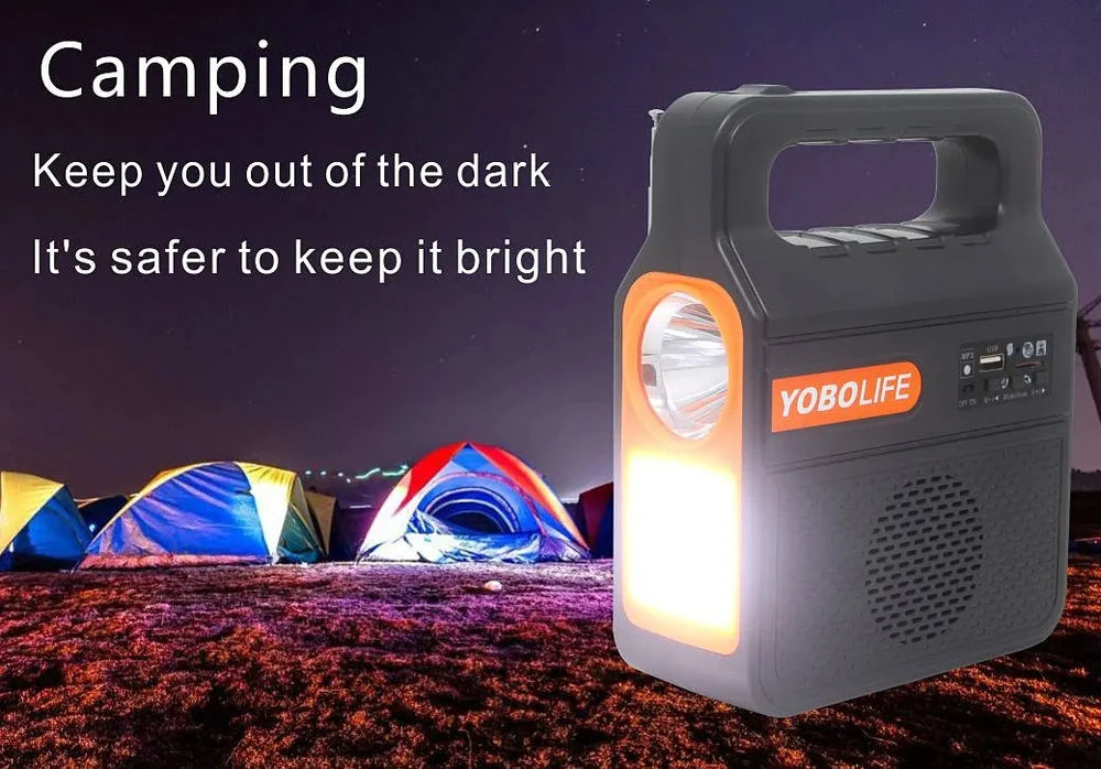 YOBOLIFE LM-3609M Sistem Ndriçimi Solar 10W me 2 Llamba LED, Power Bank dhe Bluetooth