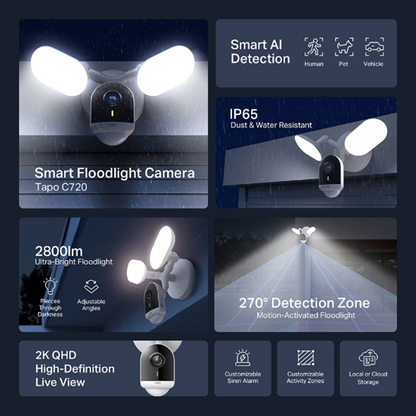 TP-Link Tapo C720 Smart Floodlight Kamera Sigurie 2K QHD me 2800 Lumen, Ndriçim 270°, Audio Dyanshëm dhe Garancion 12 Muaj