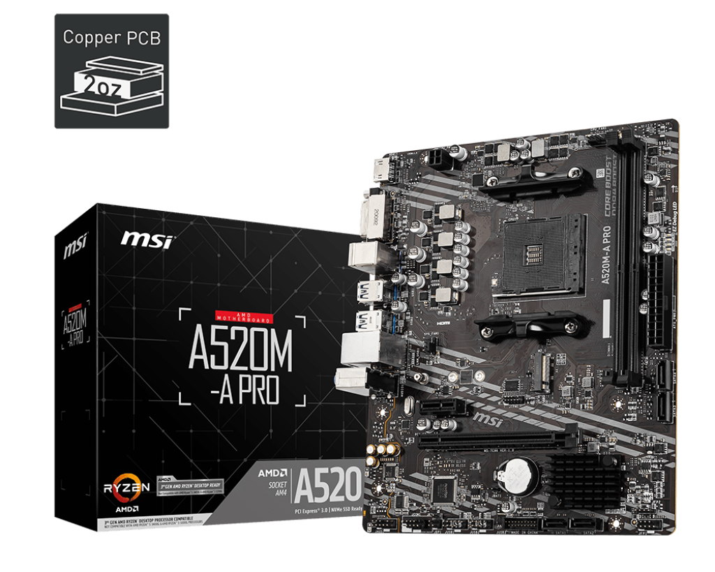 Msi A520m-a PRO Motherboard, AM4, mATX, Ddr4, Ryzen 5000/4000/3000, M.2 dhe HDMI – Komponentë PC