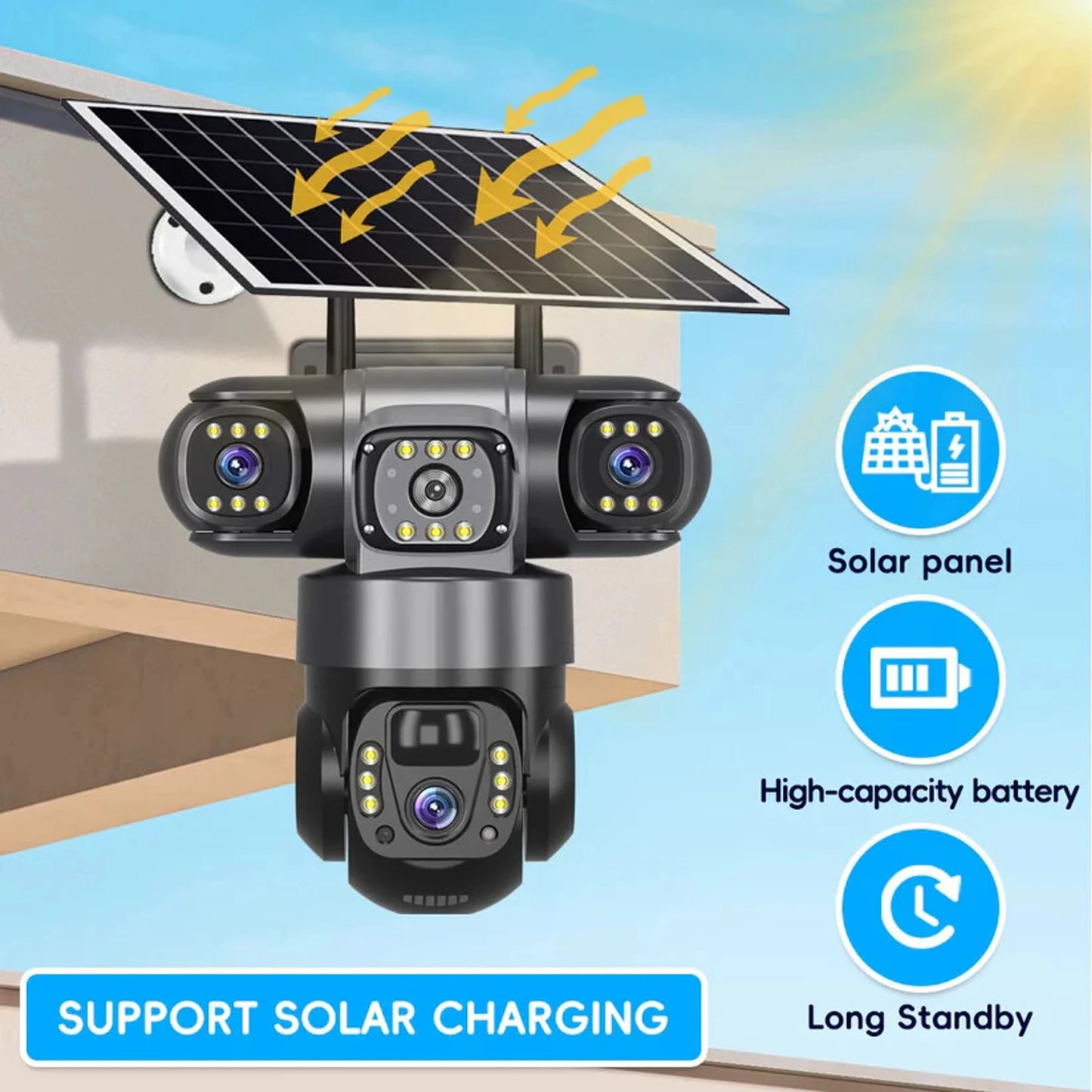 Kamera Solare 4G me 3 Lente, 3 Ekrane, 12MP Super HD, Night Vision, Human Detection, Audio 2-Way, V380 Pro + Kartë Memorie 64GB