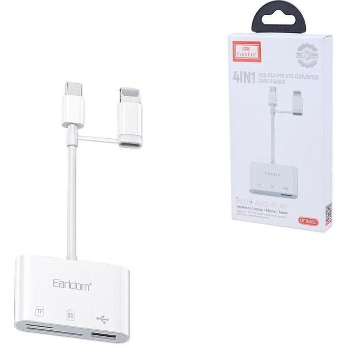Earldom ET-OT106CL Lexues Kartelash 4-në-1 USB-C dhe Lightning me SD, TF dhe OTG