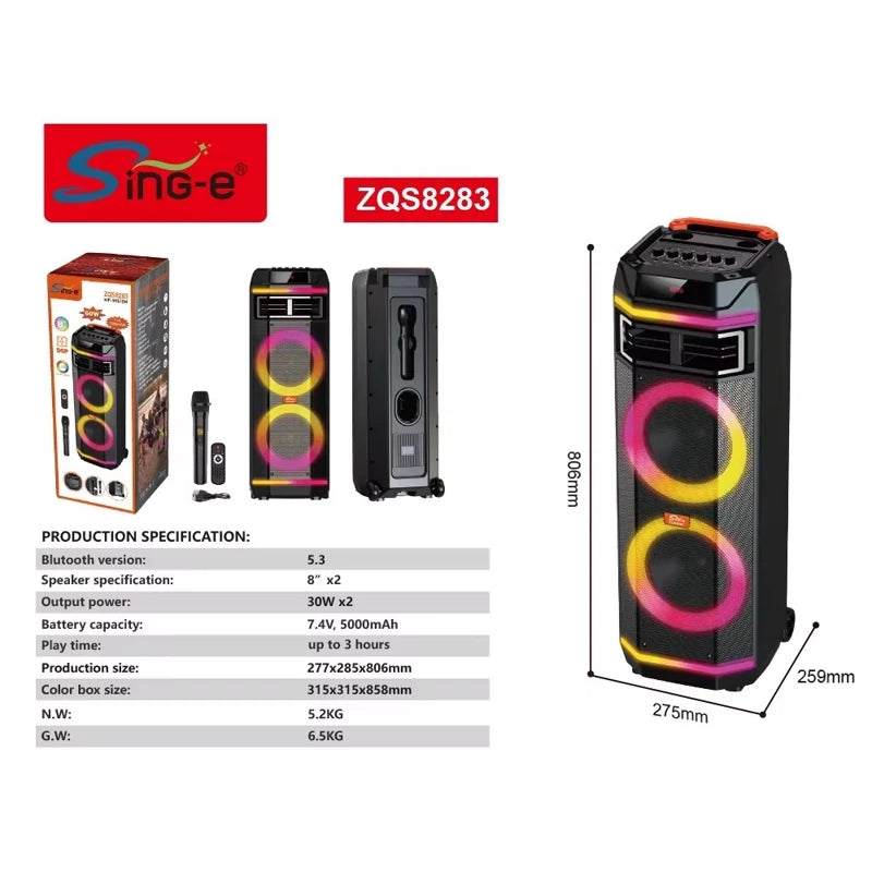 SING-E ZQS8283 Zmadhues Zëri Bluetooth Portativ me Dy Altoparlantë 8 Inç, Mikrofon Wireless, Drita RGB LED dhe Trolley