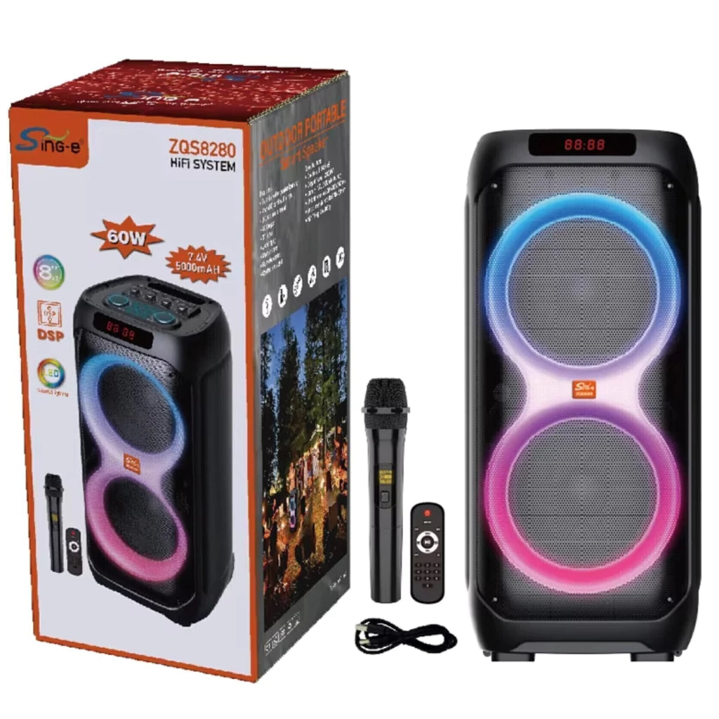 Sing-e Zqs8280 60W HiFi Party Speaker me Bluetooth, 2x8” Woofer, Mikrofon Wireless, Telekomandë – Zmadhues Zëri Bluetooth