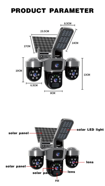 V380 Pro Kamerë Sigurie Solar PTZ me 3 Lente 12MP 6K, 4G/WiFi, 355° PTZ, 10X Zoom, AI, Night Vision dhe IP66