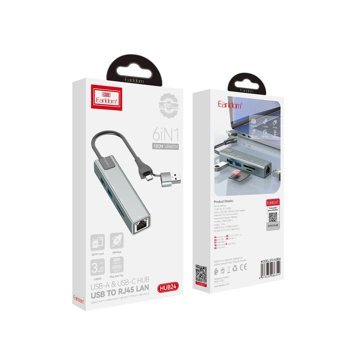 Earldom HUB24 Hub 6-në-1 USB-A & USB-C me RJ45 100 Mbps, USB 3.0 dhe Lexues SD/TF