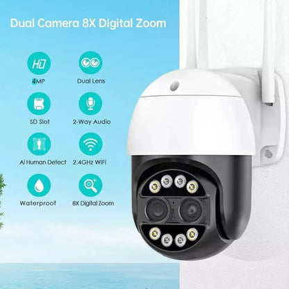 Q8S-4MP Kamerë Sigurie WiFi PTZ 4MP me Dy Lente 2.8mm + 12mm, Zoom Dixhital 8X, AI, Natë IR, Audio 2-Kahëshe, IP66, iCSee/XMeye