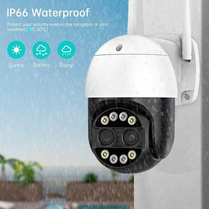 Q8S-4MP Kamerë Sigurie WiFi PTZ 4MP me Dy Lente 2.8mm + 12mm, Zoom Dixhital 8X, AI, Natë IR, Audio 2-Kahëshe, IP66, iCSee/XMeye