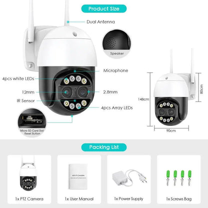 Q8S-4MP Kamerë Sigurie WiFi PTZ 4MP me Dy Lente 2.8mm + 12mm, Zoom Dixhital 8X, AI, Natë IR, Audio 2-Kahëshe, IP66, iCSee/XMeye