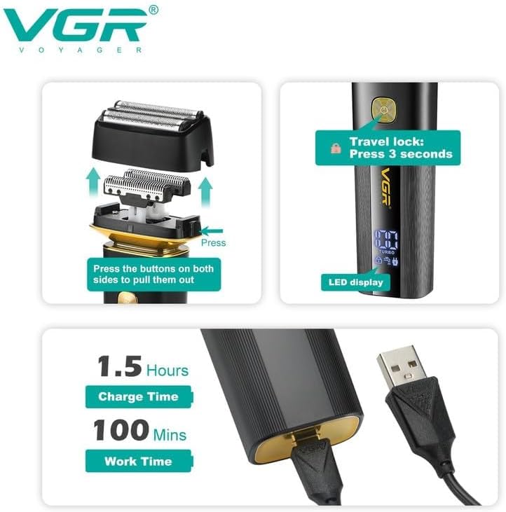 VGR V-355 Shaver Elektrik 2-në-1, 800mAh, IPX6, LED Display, Wet & Dry, deri në 100 Minuta Punë
