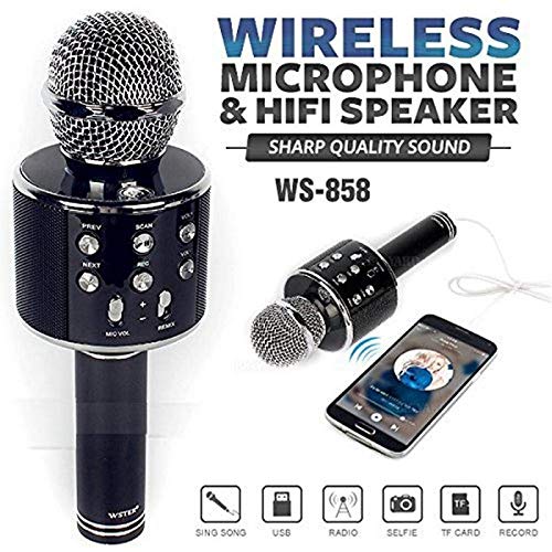 WS-858 Mikrofon Wireless Karaoke me Altoparlant të Integruar, Bluetooth, LED RGB dhe Bateri 1200mAh