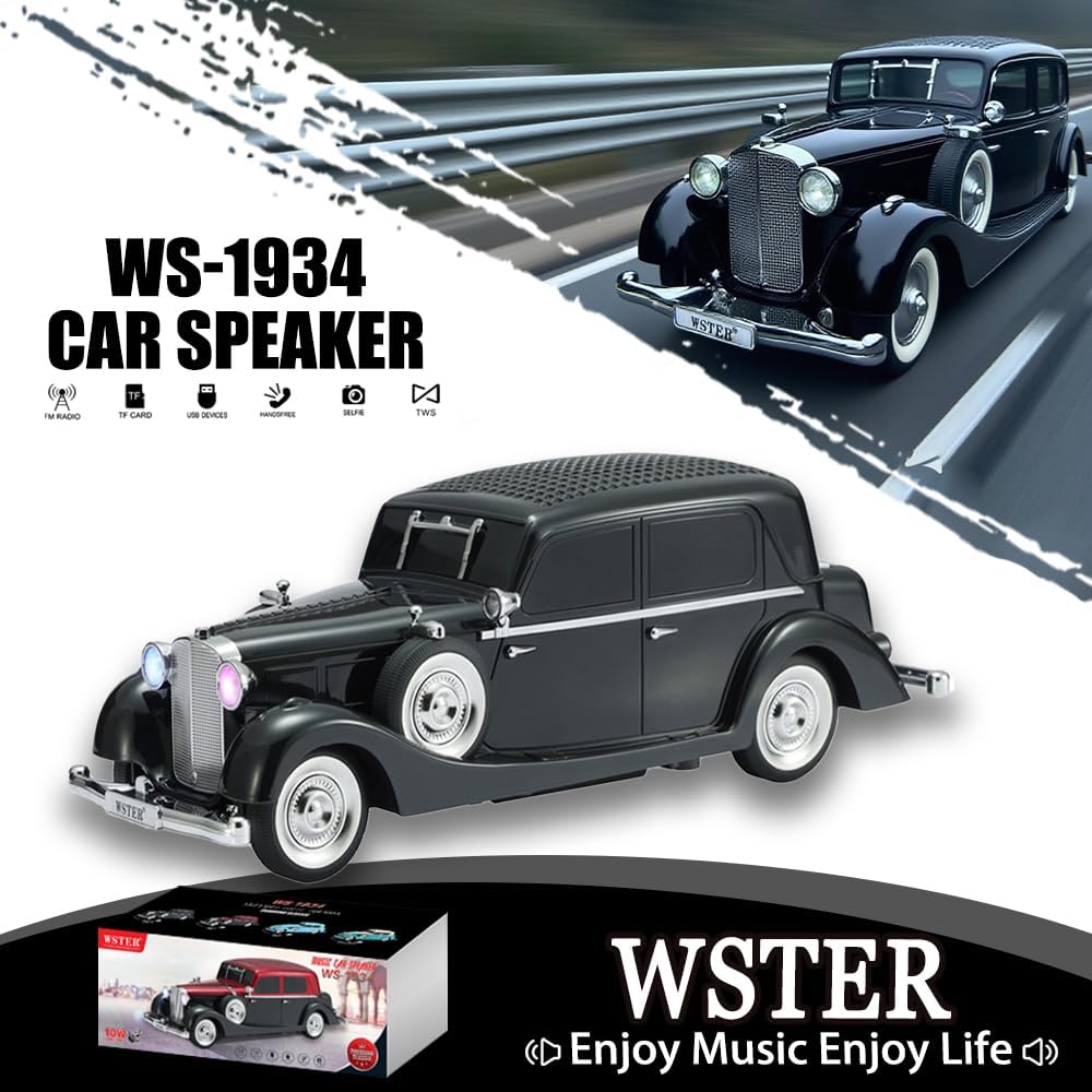 WSTER WS-1934 Altoparlant Bluetooth Portativ Retro Car, 10W, FM Radio, TWS, USB, TF Card, AUX dhe LED