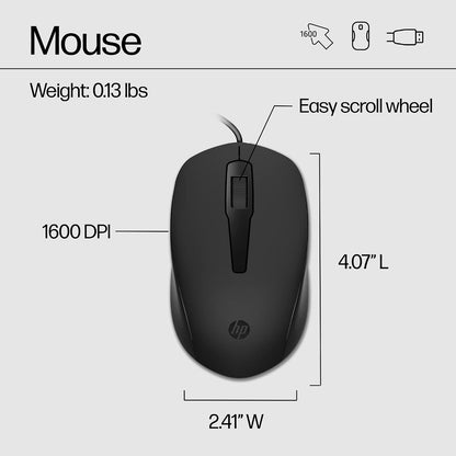 HP 150 Wired Keyboard & Mouse Combo, Tastierë dhe Maus me Kabllo USB, Set për PC, E zezë