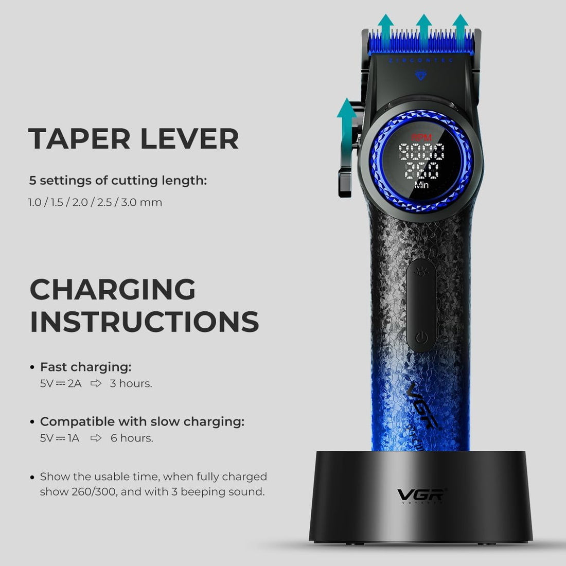 VGR V-001 Professional Makine e madhe për Prerje Flokësh për Meshkuj, 9000 RPM, Ekran LED, Blue – Makinë Qethjeje, pamja 4