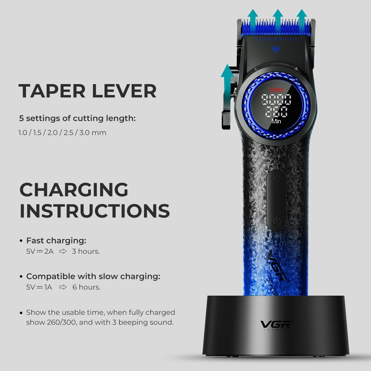 VGR V-001 Professional Makine e madhe për Prerje Flokësh për Meshkuj, 9000 RPM, Ekran LED, Blue – Makinë Qethjeje, pamja 4