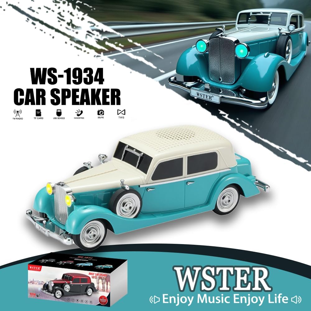 WSTER WS-1934 Altoparlant Bluetooth Portativ Retro Car, 10W, FM Radio, TWS, USB, TF Card, AUX dhe LED