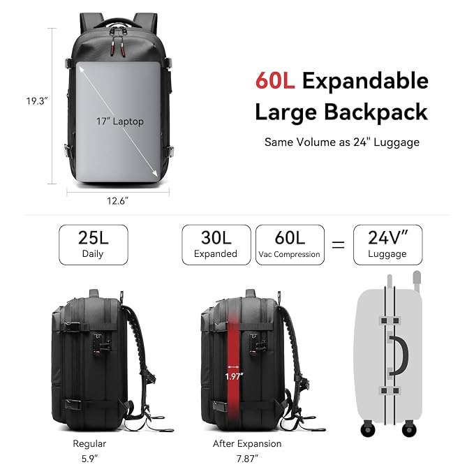 GLOAMFIORD Fiordpack 70L Çantë Udhëtimi me Kompresim Vakumi dhe Pompë, e Zezë