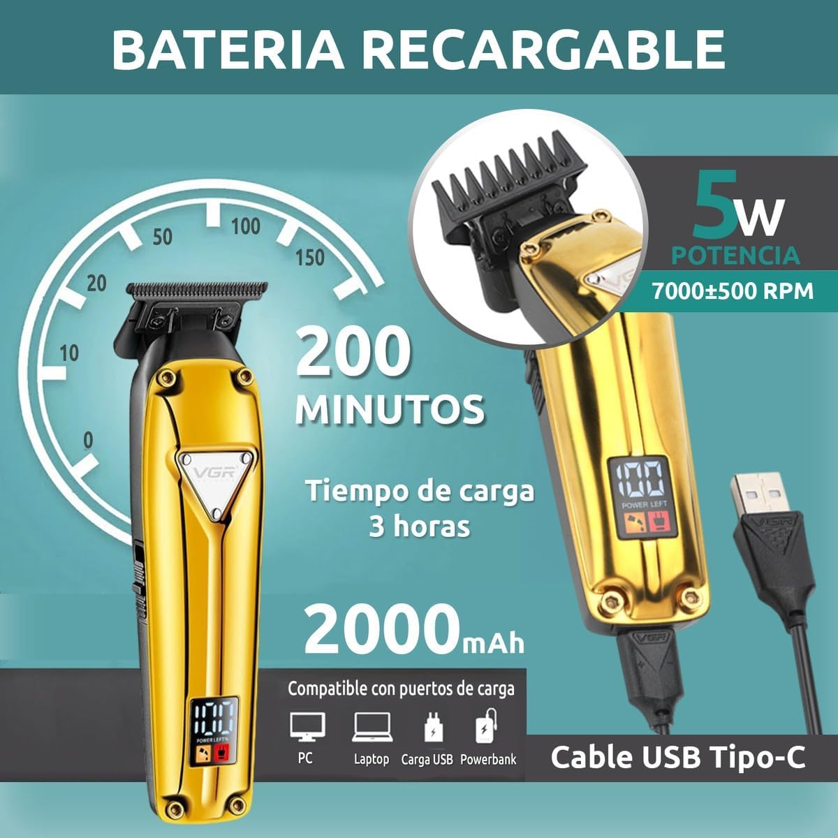 VGR V-912 Makinë e vogël (trimmer) për flokë dhe mjekër me bateri 2000 mAh, 200 minuta punë – Makinë Qethjeje, pamja 3