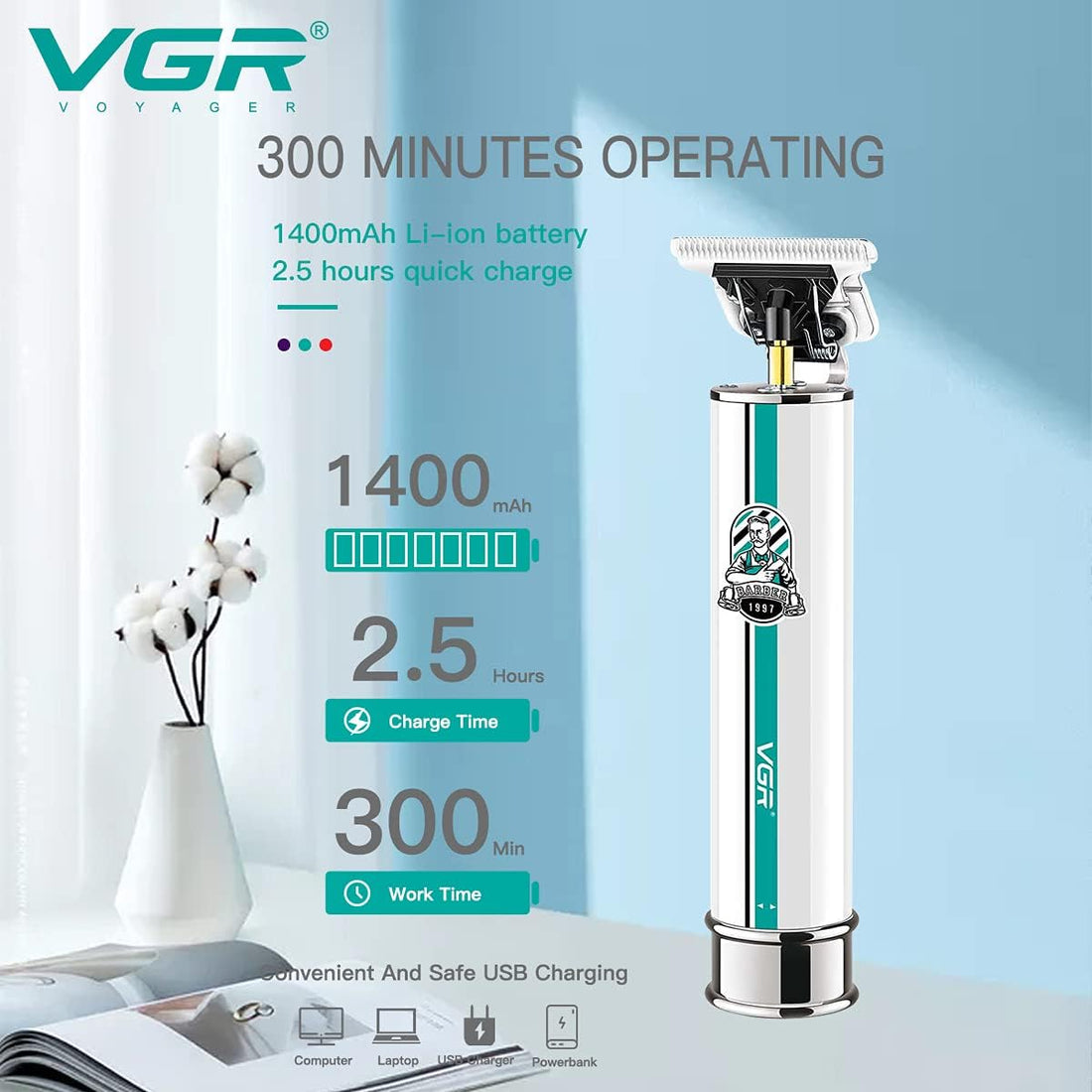 VGR V-079 Makinë e vogël për flokë dhe mjekër me teh inox, bateri 1400 mAh dhe 300 minuta punë – Makinë Qethjeje, pamja 4