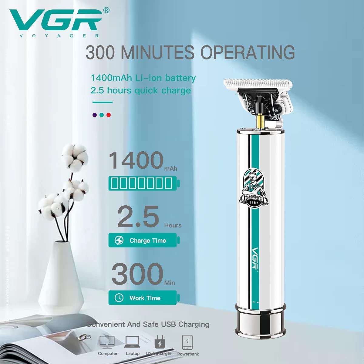 VGR V-079 Makinë e vogël për flokë dhe mjekër me teh inox, bateri 1400 mAh dhe 300 minuta punë – Makinë Qethjeje, pamja 4