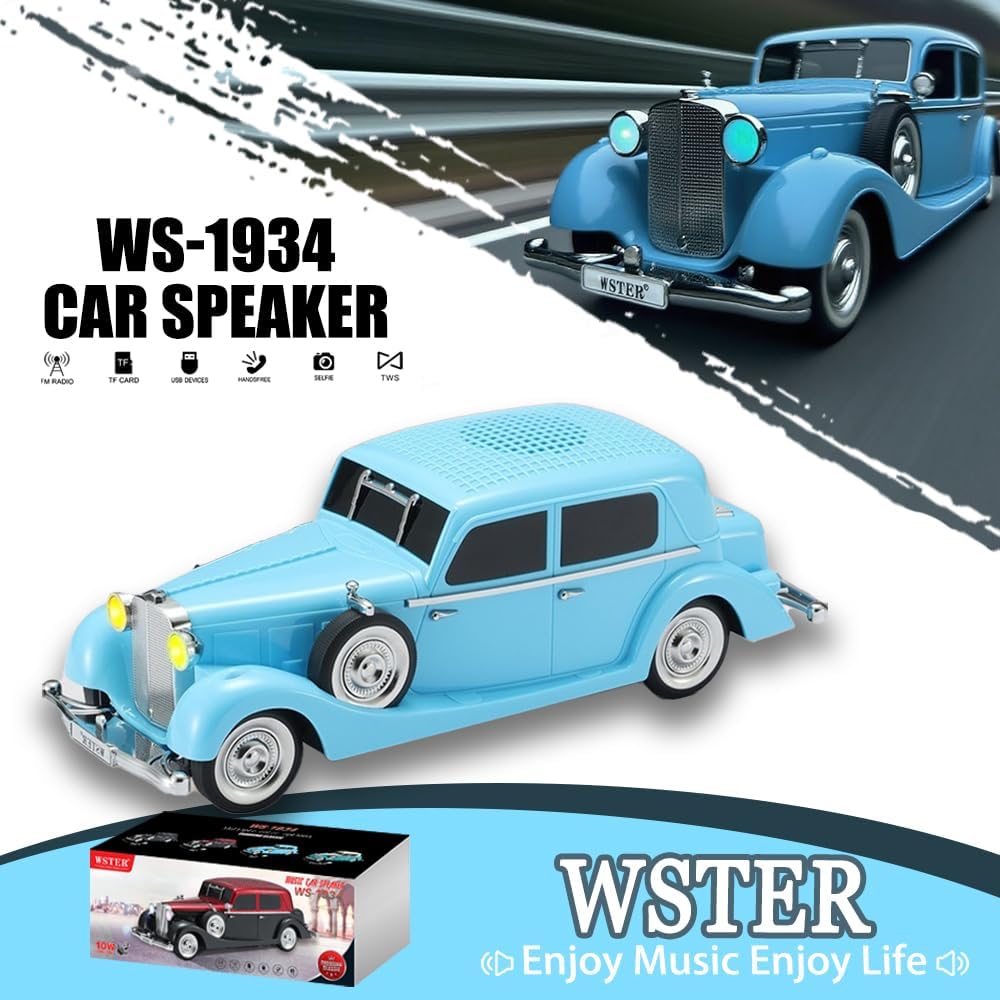 WSTER WS-1934 Altoparlant Bluetooth Portativ Retro Car, 10W, FM Radio, TWS, USB, TF Card, AUX dhe LED