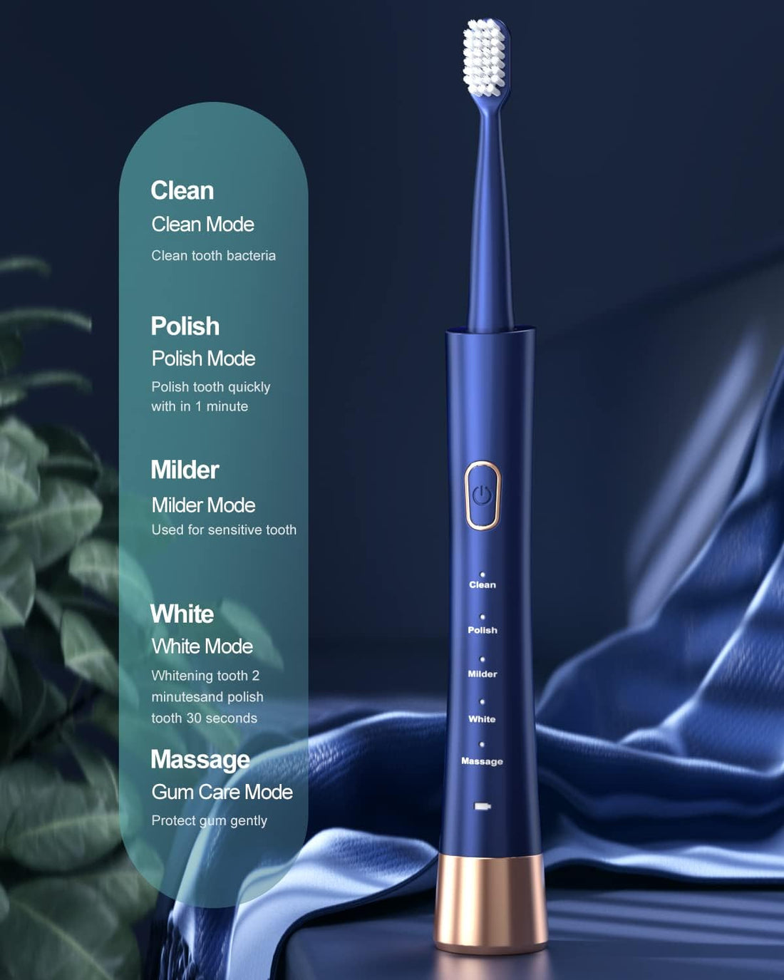 Furçë Elektrike Sonic për Dhëmbë IPX7 Waterproof me 5 Modalitete, Karikim të Shpejtë 2 Orë, 3 Koka Furçe dhe Kujtues, pamja 2