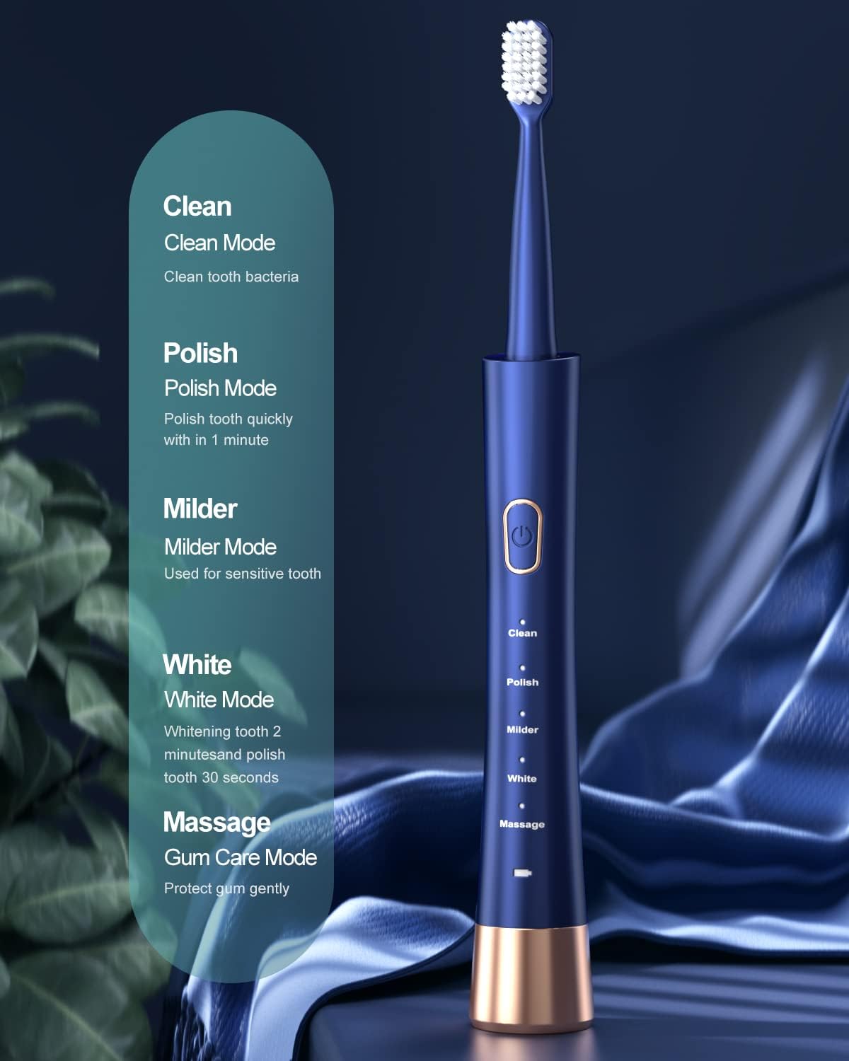 Furçë Elektrike Sonic për Dhëmbë IPX7 Waterproof me 5 Modalitete, Karikim të Shpejtë 2 Orë, 3 Koka Furçe dhe Kujtues Inteligjent Kohe, Blu