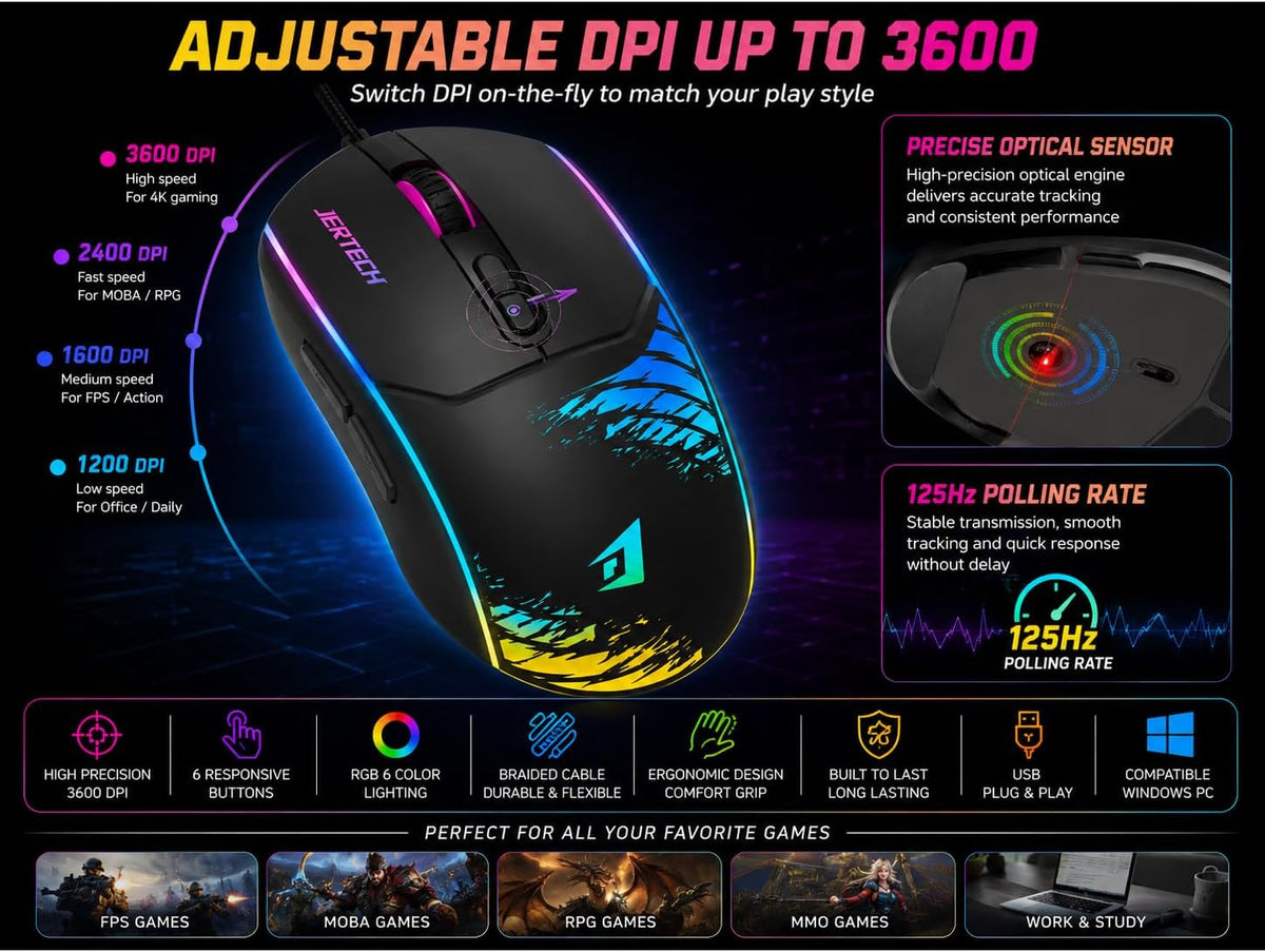 Jertech XP13 Guns Maus Gaming me Kabllo, 3600 DPI dhe LED RGB
