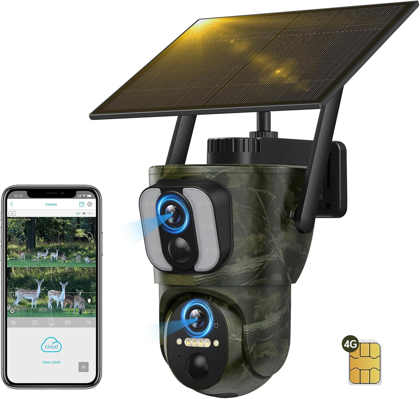 8MP 4K Kamera Solare Sigurie Dual Screen 4G ose WiFi PTZ me PIR Detection, Night Vision, Audio 2-Way, IP Waterproof + 64gb