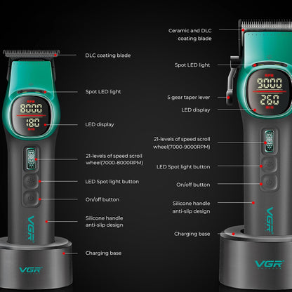 VGR V-885 S2 Set 2 në 1 me Clipper dhe Trimmer, motor BLDC deri 9000 RPM, bateri 4600/2000 mAh dhe deri 260/180 minuta punë