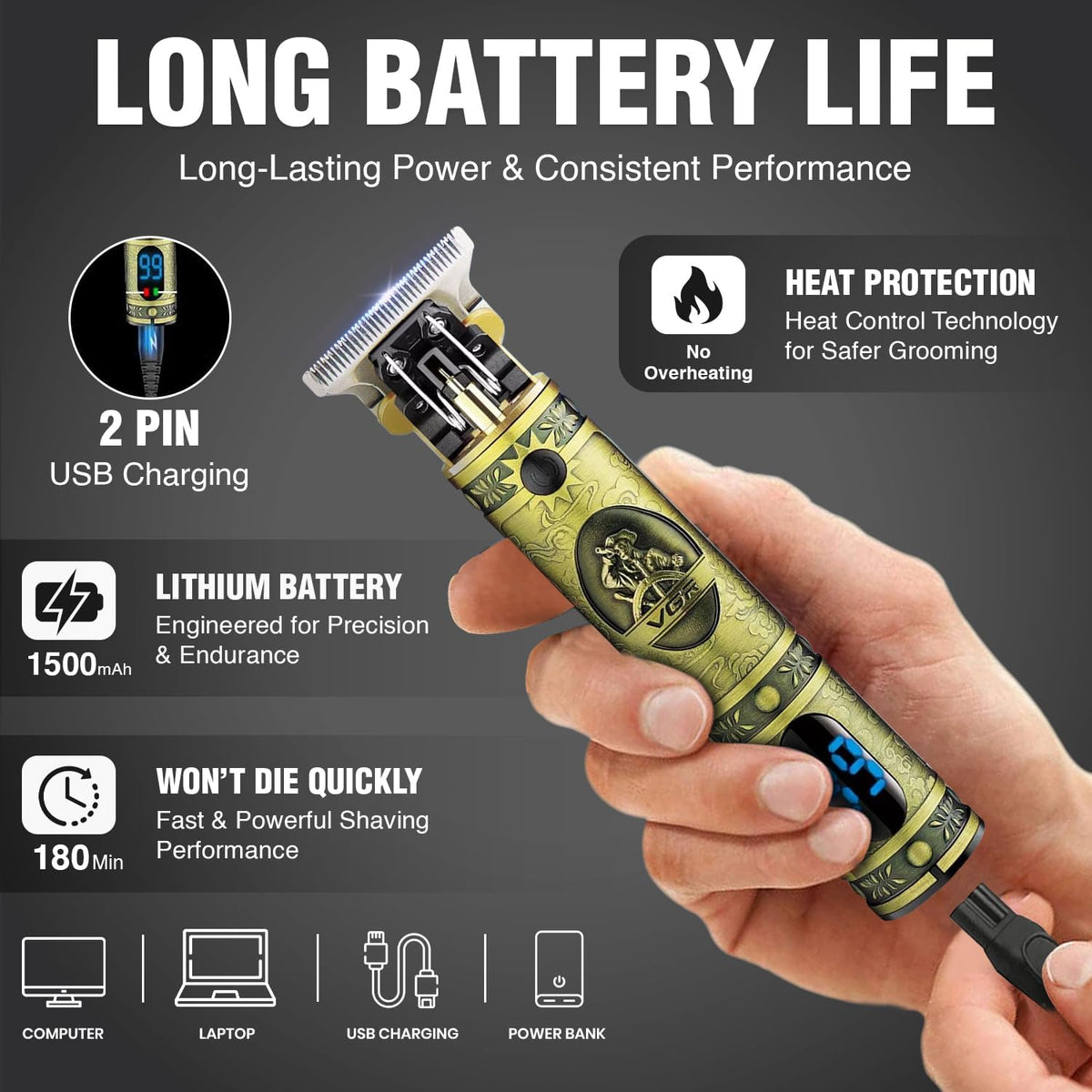 VGR V-228 Makinë e vogël profesionale me teh T inox, motor 7000 RPM, bateri 1500 mAh dhe 180 – Makinë Qethjeje, pamja 4