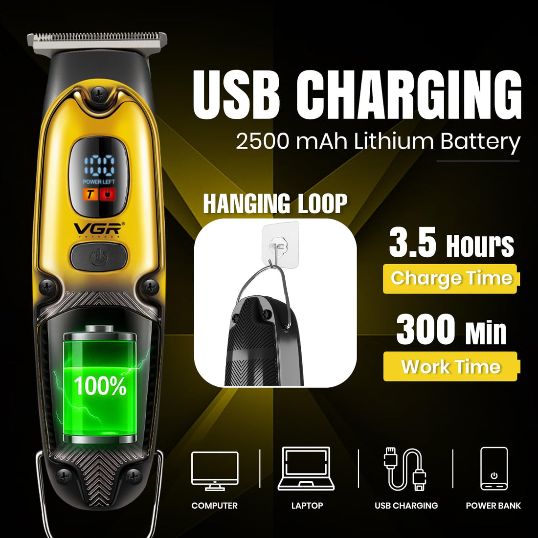 VGR V-981 Makinë e vogël profesionale me teh T inox, motor Turbo 7000 RPM, bateri 600 mAh dhe 150 – Makinë Qethjeje, pamja 5