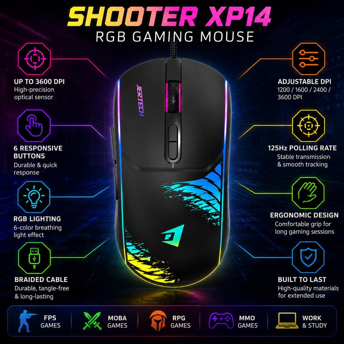 Jertech XP13 Guns Maus Gaming me Kabllo, 3600 DPI dhe LED RGB