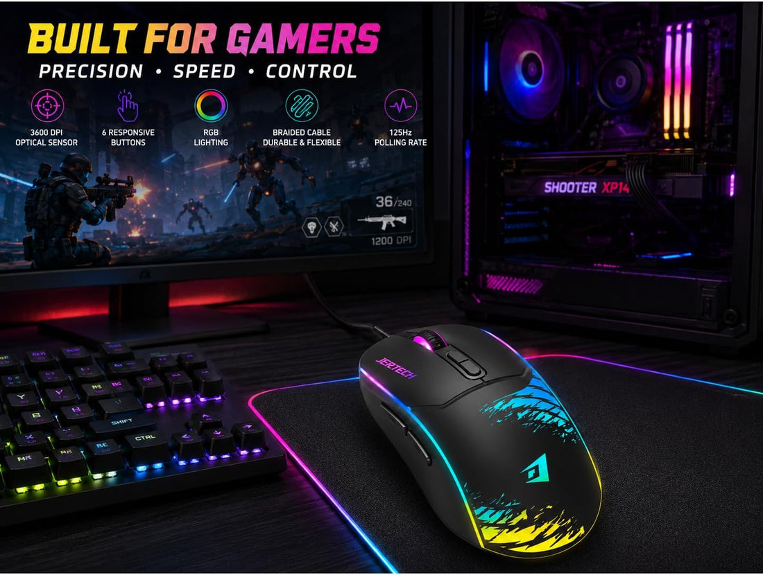 Jertech XP13 Guns Maus Gaming me Kabllo, 3600 DPI dhe LED RGB