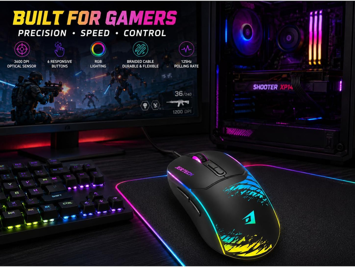Jertech XP13 Guns Maus Gaming me Kabllo, 3600 DPI dhe LED RGB