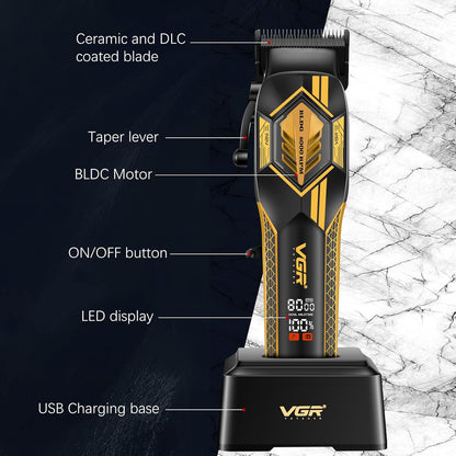 VGR V-119 Makine e madhe Profesionale me Motor BLDC 8000 RPM, Tehe Qeramike, LED Display dhe 6 Krehëra Metalikë – Gold