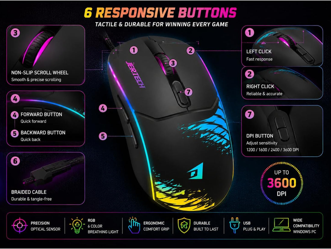 Jertech XP13 Guns Maus Gaming me Kabllo, 3600 DPI dhe LED RGB