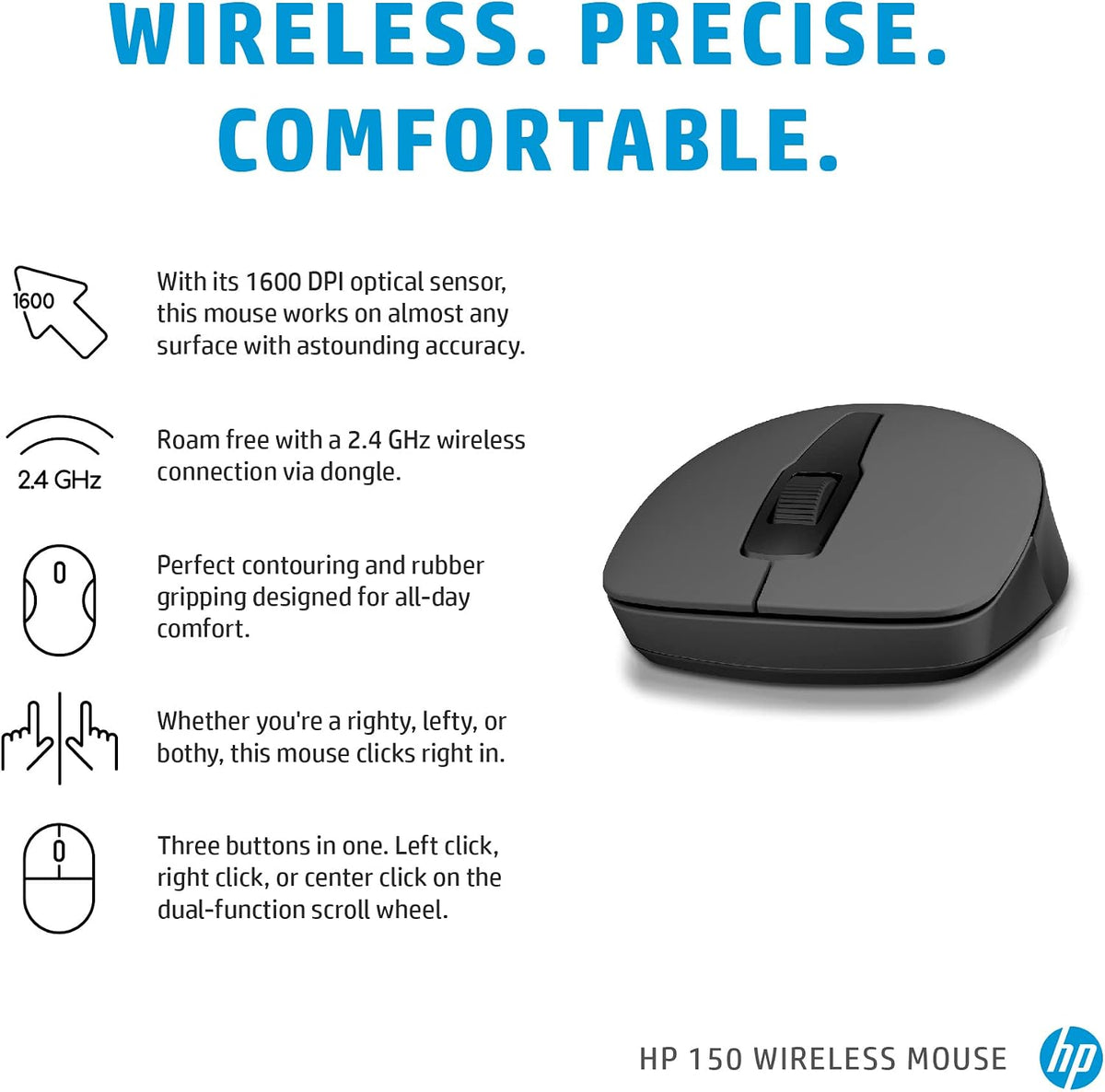 HP 150 Wireless Mouse, Maus Wireless me Lidhje 2.4 GHz, Dizajn Kompakt dhe Ergonomik, E zezë – Maus Gaming, pamja 7