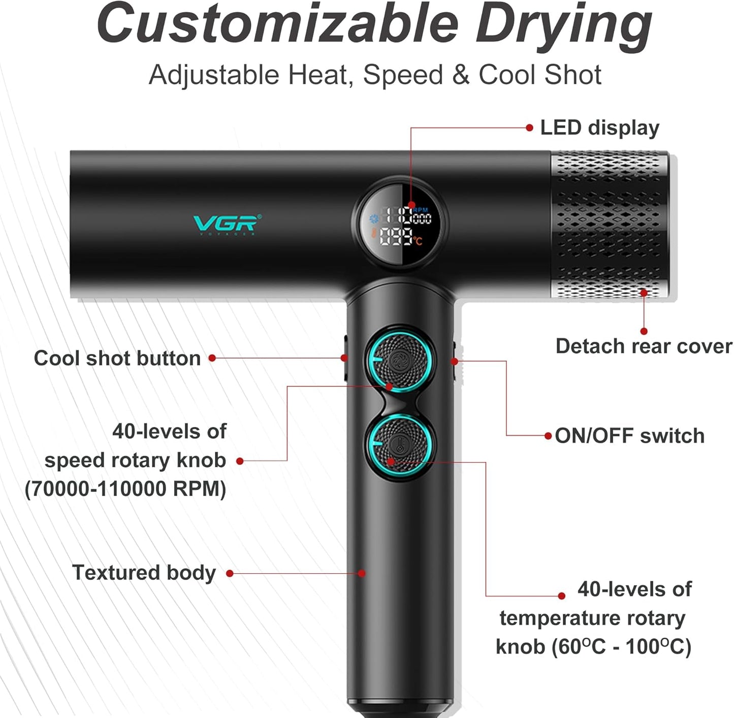 VGR V-401 Tharëse Profesionale për Flokë 1900W e Zeze