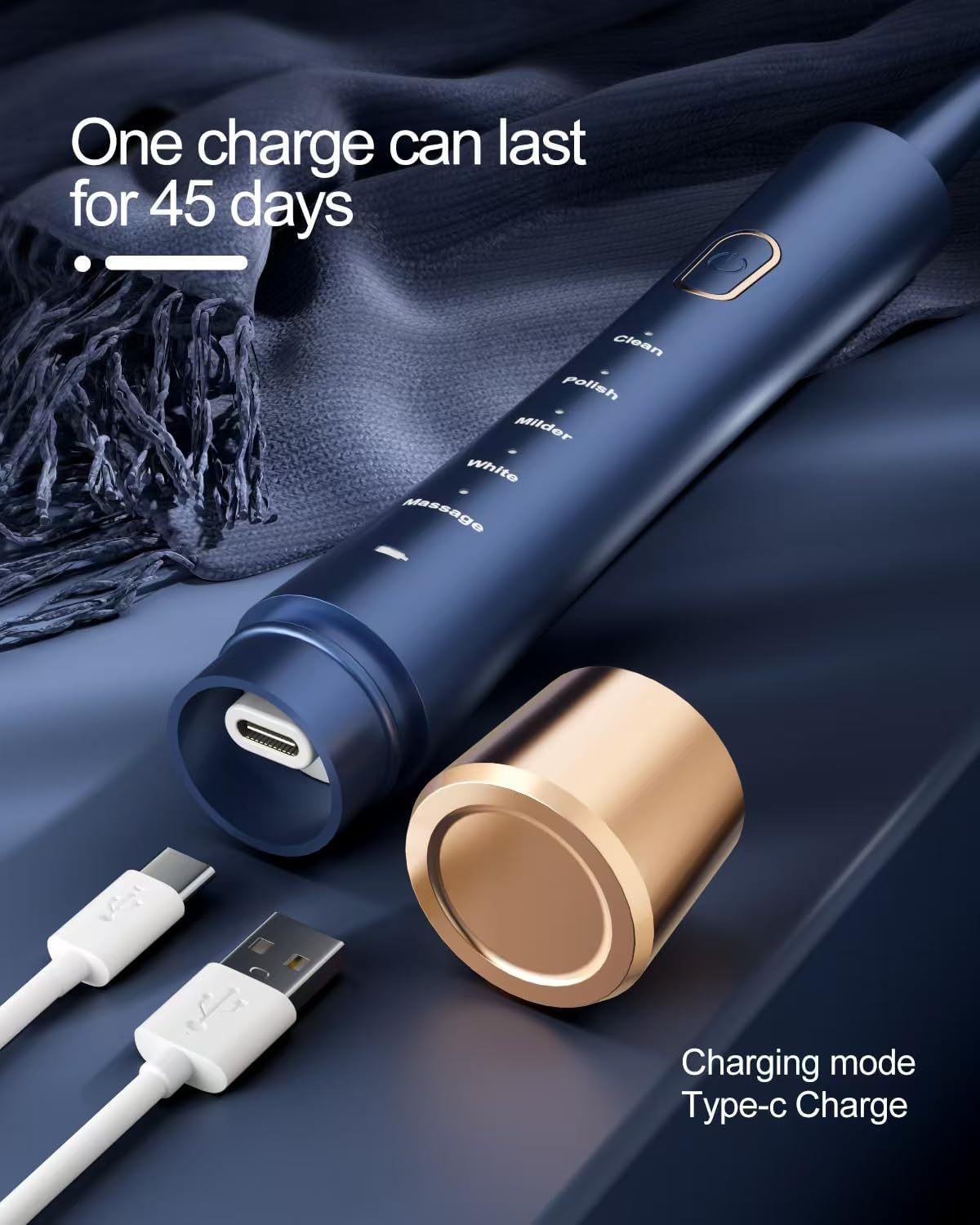 Furçë Elektrike Sonic për Dhëmbë IPX7 Waterproof me 5 Modalitete, Karikim të Shpejtë 2 Orë, 3 Koka Furçe dhe Kujtues Inteligjent Kohe, Blu