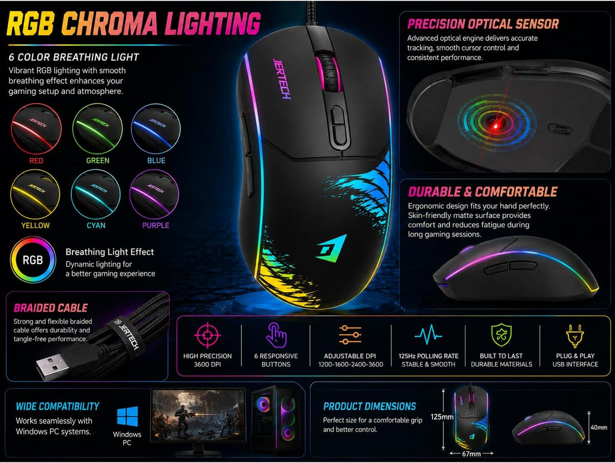 Jertech XP13 Guns Maus Gaming me Kabllo, 3600 DPI dhe LED RGB
