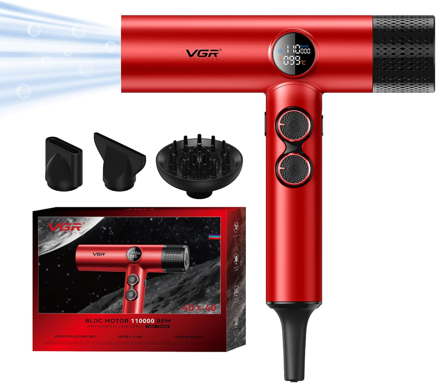 VGR V-401 Tharëse Profesionale për Flokë 1900W e Kuqe