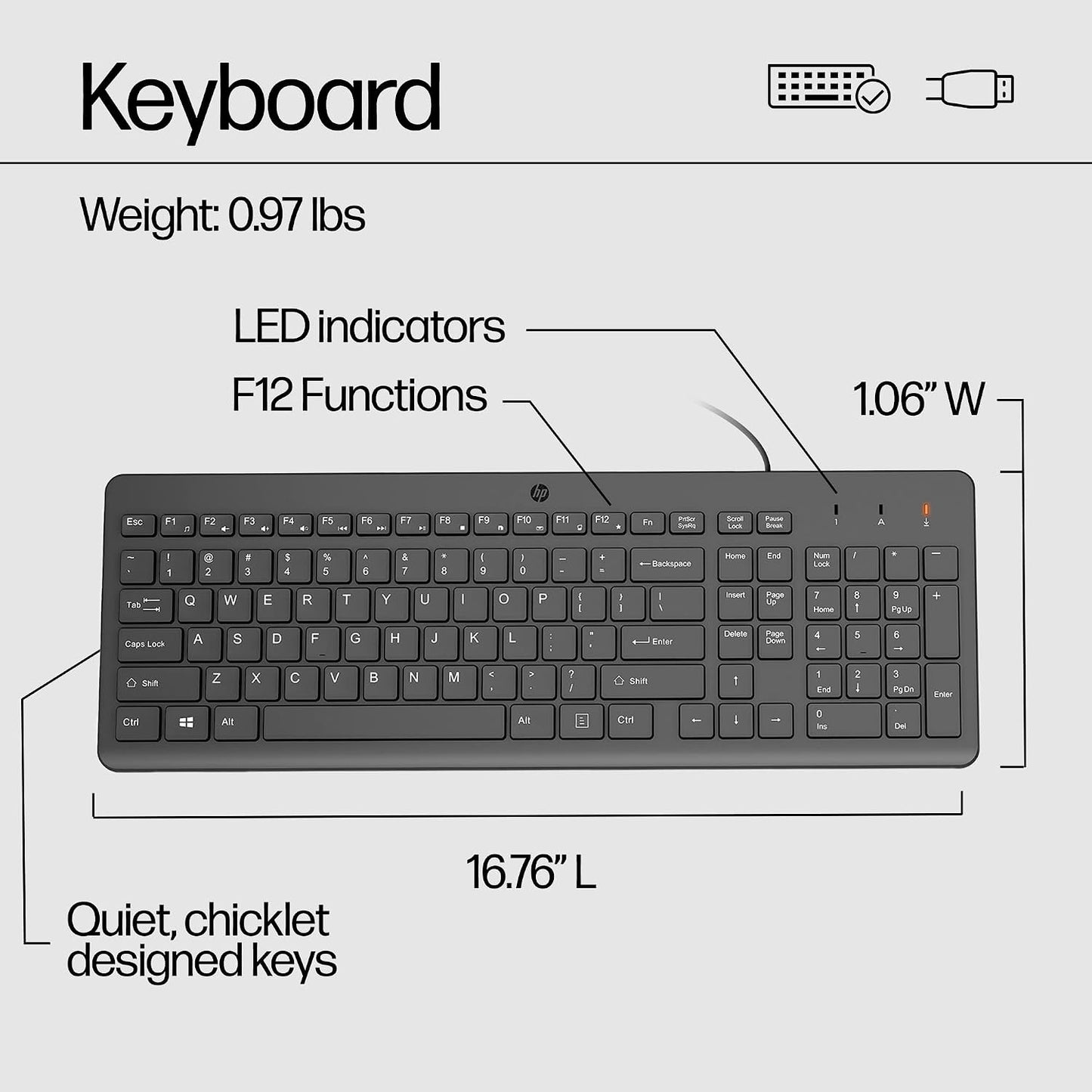 HP 150 Wired Keyboard & Mouse Combo, Tastierë dhe Maus me Kabllo USB, Set për PC, E zezë