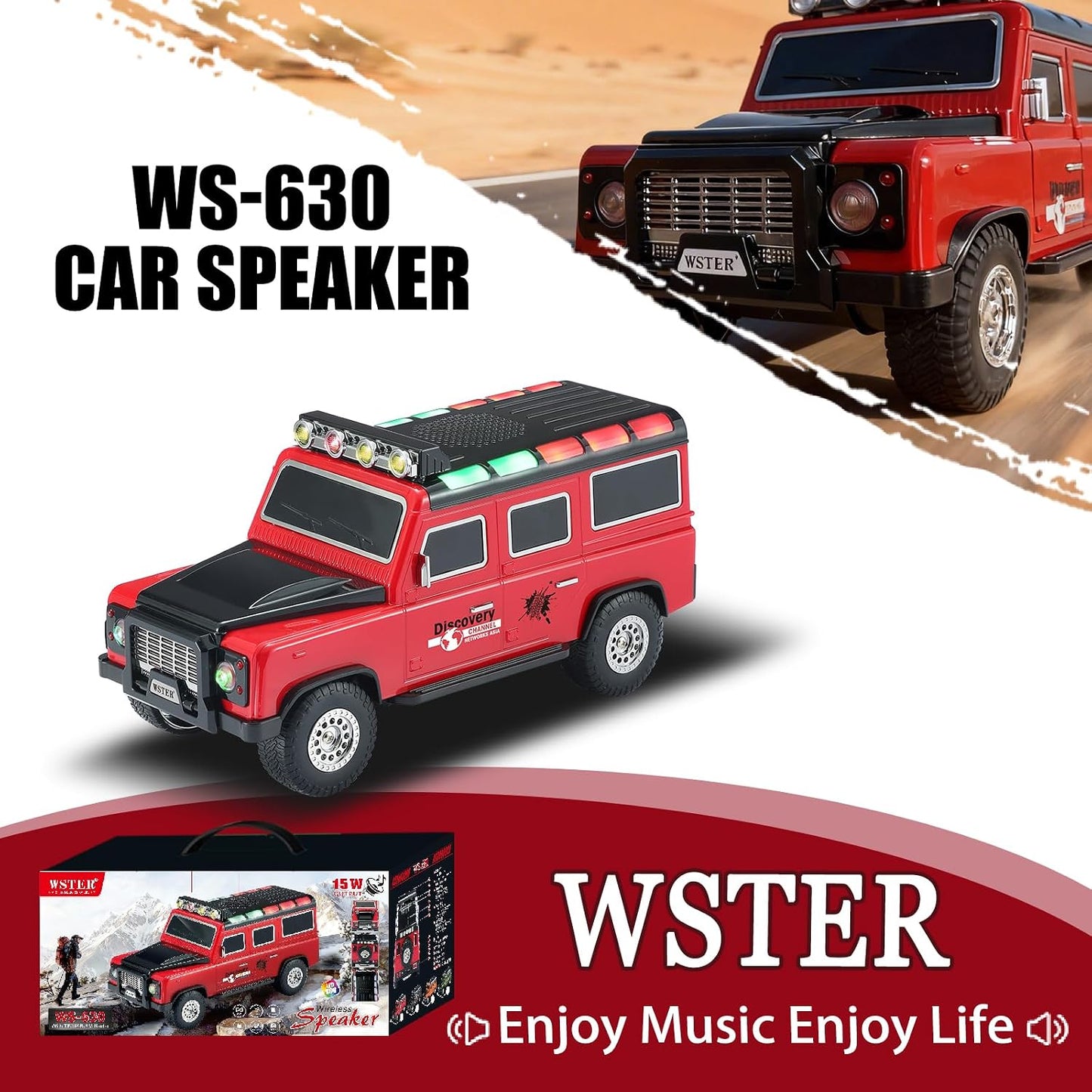 WSTER WS-630 Altoparlant Bluetooth Portativ 15W, SUV Design, Bluetooth 5.4, TWS, FM Radio, USB, TF Card, AUX dhe RGB LED