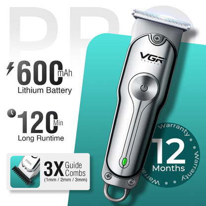 VGR V-071 Makinë e vogël (trimmer) me teh T inox, motor 6500 RPM, bateri 600 mAh dhe 120 minuta punë