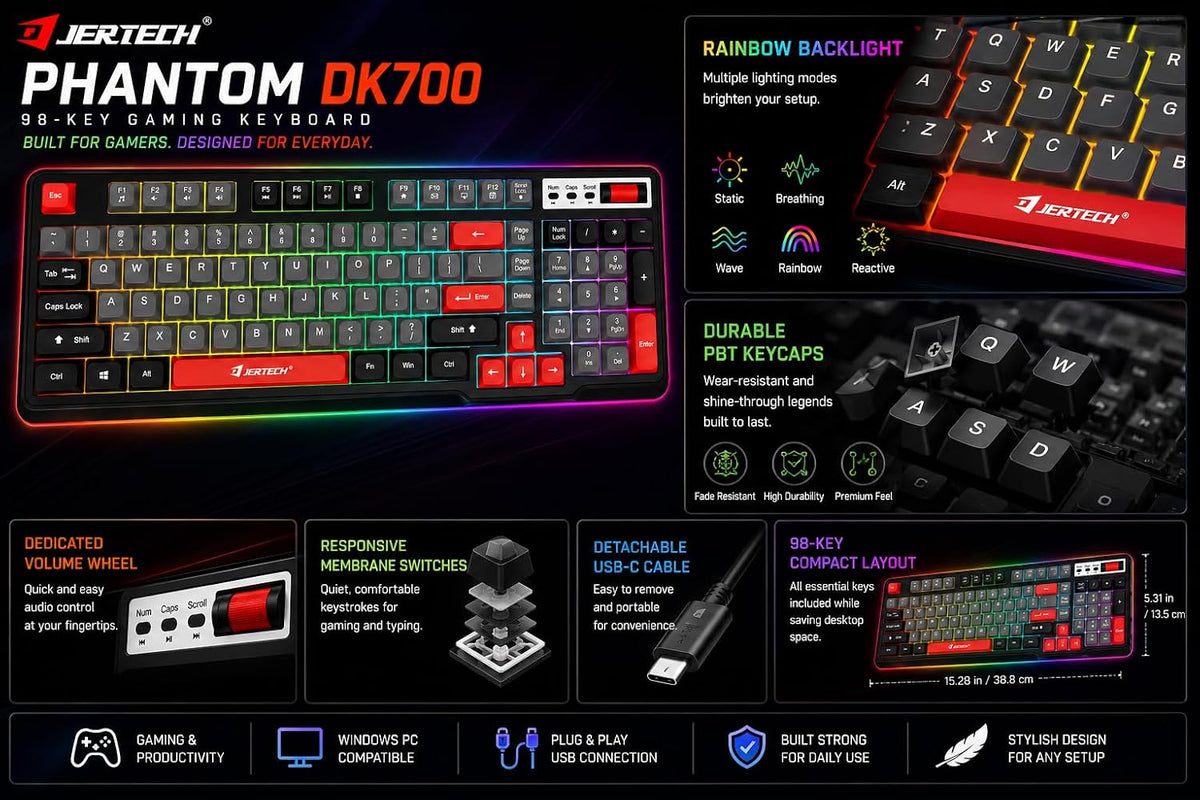 Jertech Phantom DK700 Tastierë Gaming me 98 Taste, Rainbow dhe USB Type-C