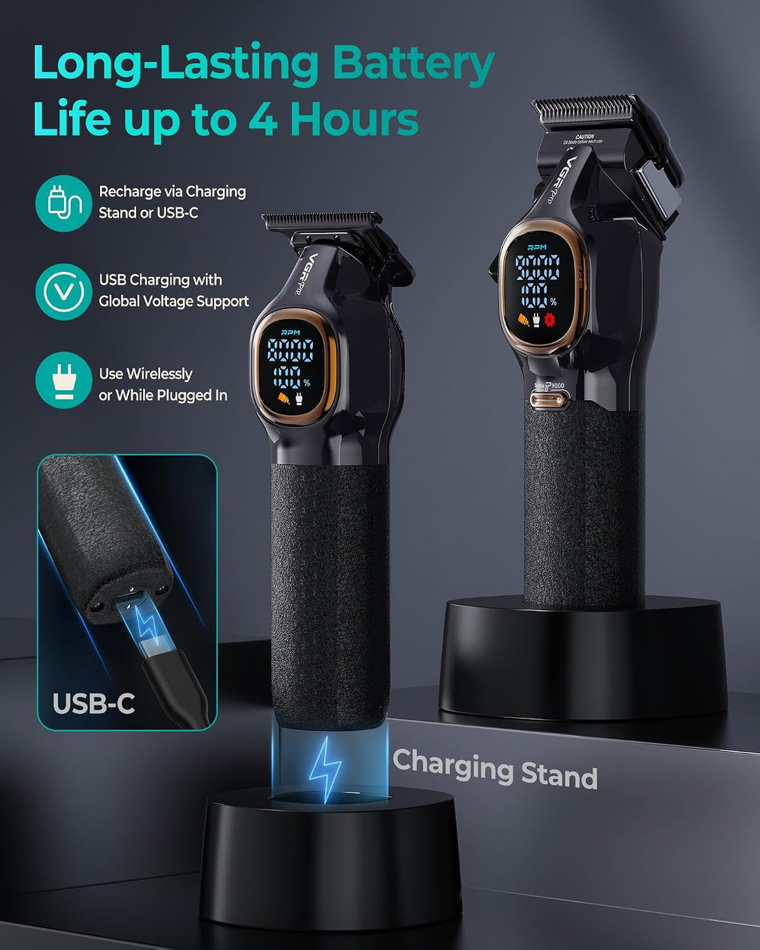 VGR V-886C Makinë e madhe profesionale me teh qeramik DLC, motor deri 9000 RPM, bateri 3200 mAh – Makinë Qethjeje, pamja 2