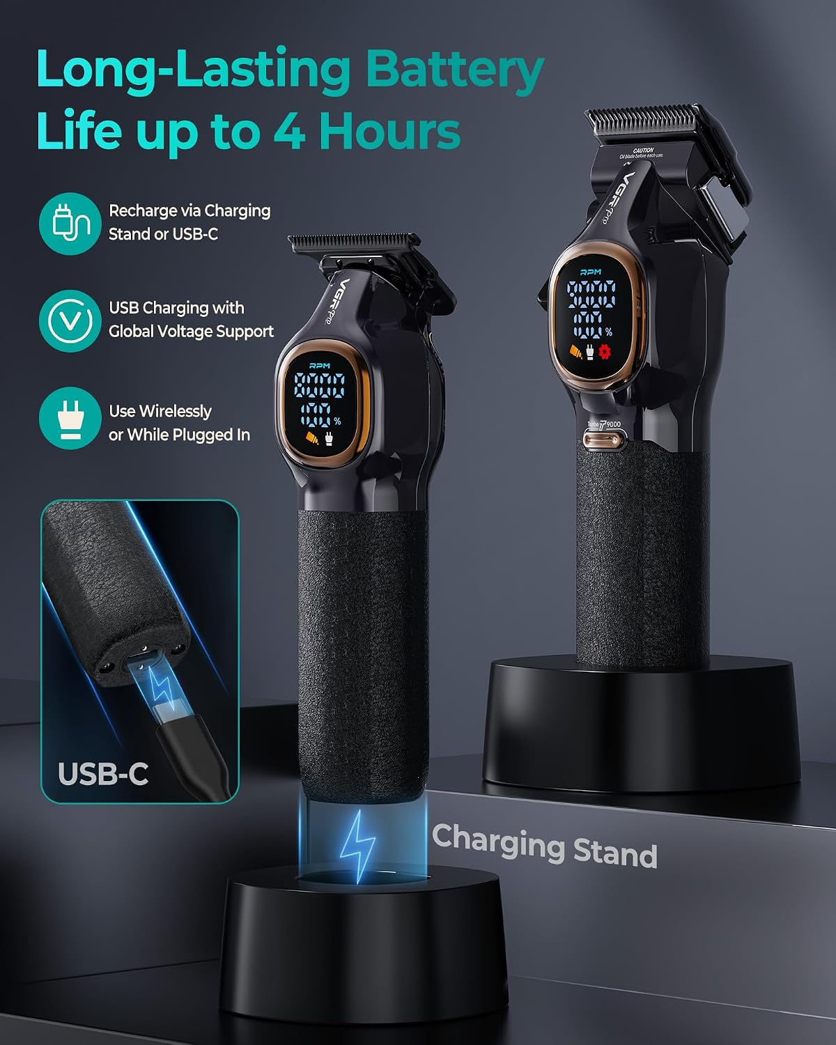 VGR V-886C Makinë e madhe profesionale me teh qeramik DLC, motor deri 9000 RPM, bateri 3200 mAh – Makinë Qethjeje, pamja 2